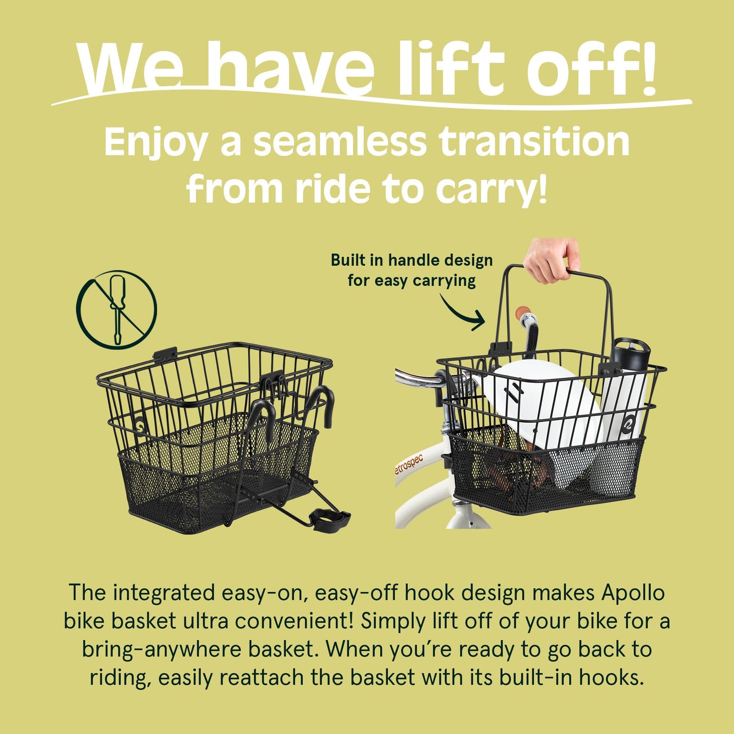 Retrospec Apollo Detachable Front Bike Basket Steel Half-Mesh with Integrated Detachable Hooks and Built-in Handle, Easy Assembly and Portability for Bicycles Retrospec