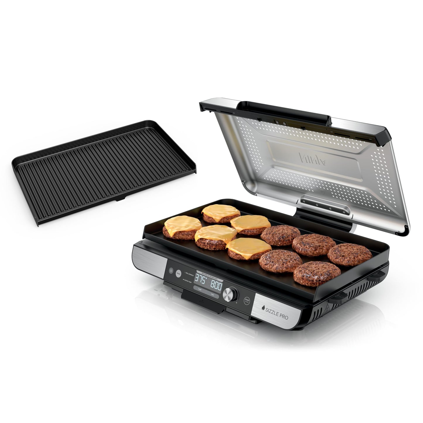 Ninja Sizzle Pro XL 20-Inch Indoor Griddle + Grill, Detachable Ventilated Lid, Grease Control, Ceramic Nonstick Plates, Even Edge-to-Edge Cooking, Extra Large Capacity, Versatile, Silver, GX101C - Available at All In One Marketplace Canada