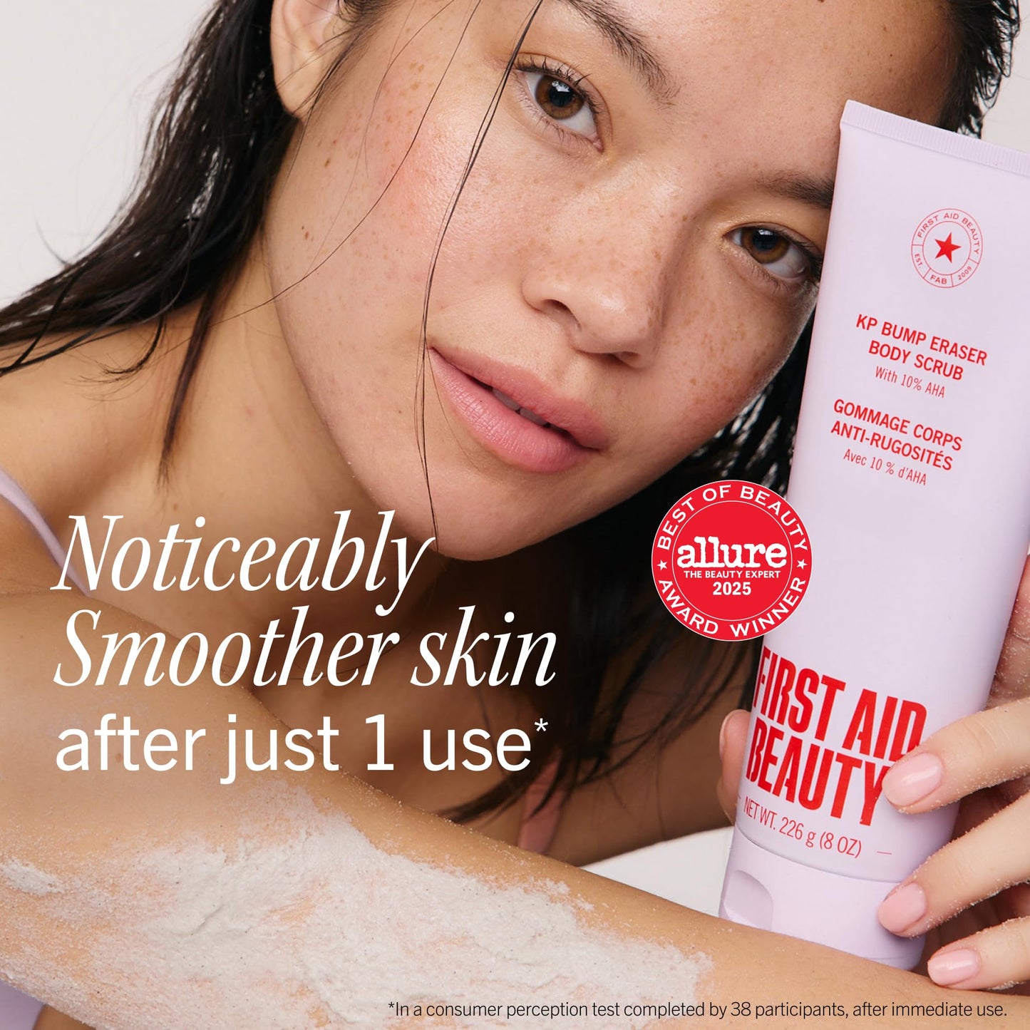 First Aid Beauty KP Bump Eraser Body Scrub Fresh Strawberry Scent, 10% AHA Keratosis Pilaris Exfoliator - Glycolic & Lactic Acid with Pumice, Treatment for Strawberry Legs, Razor Bumps & Rough Bumpy Skin, 8 oz First Aid Beauty