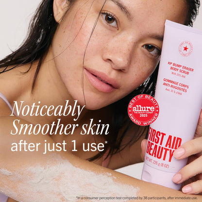 First Aid Beauty KP Bump Eraser Body Scrub Fresh Strawberry Scent, 10% AHA Keratosis Pilaris Exfoliator - Glycolic & Lactic Acid with Pumice, Treatment for Strawberry Legs, Razor Bumps & Rough Bumpy Skin, 8 oz First Aid Beauty