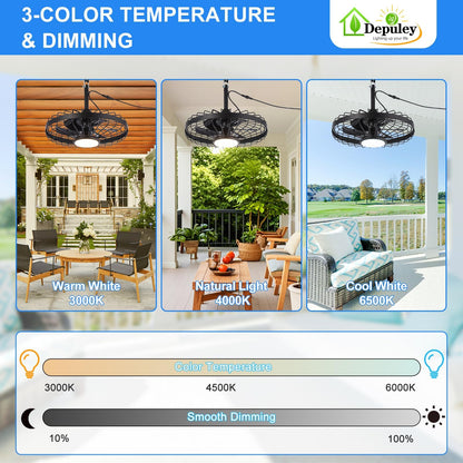 Depuley Outdoor Ceiling Fan with Light: 20 Inch Waterproof Gazebo Fans with Lights Outdoor Hanging - Plug in Remote App Control Caged Fans for Patios Pergola Porch Canopy - 6 Speed Black