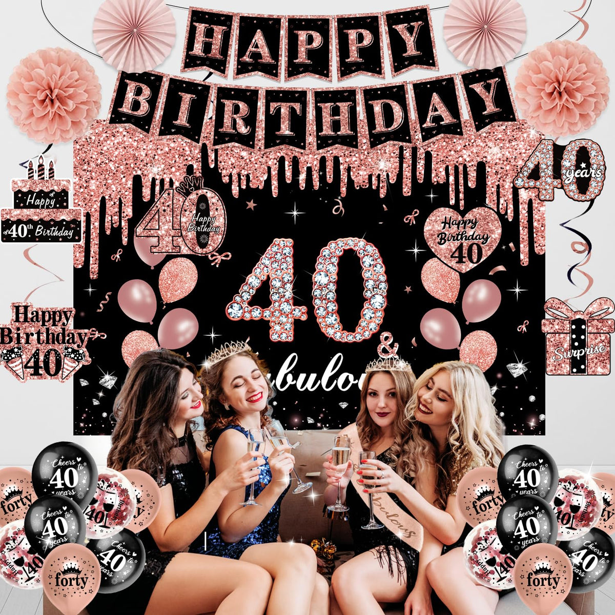 50Pcs 40th Birthday Decorations for Women,Rose Gold Black Pre-Assembled Set 🍁 All In One Marketplace Canada
