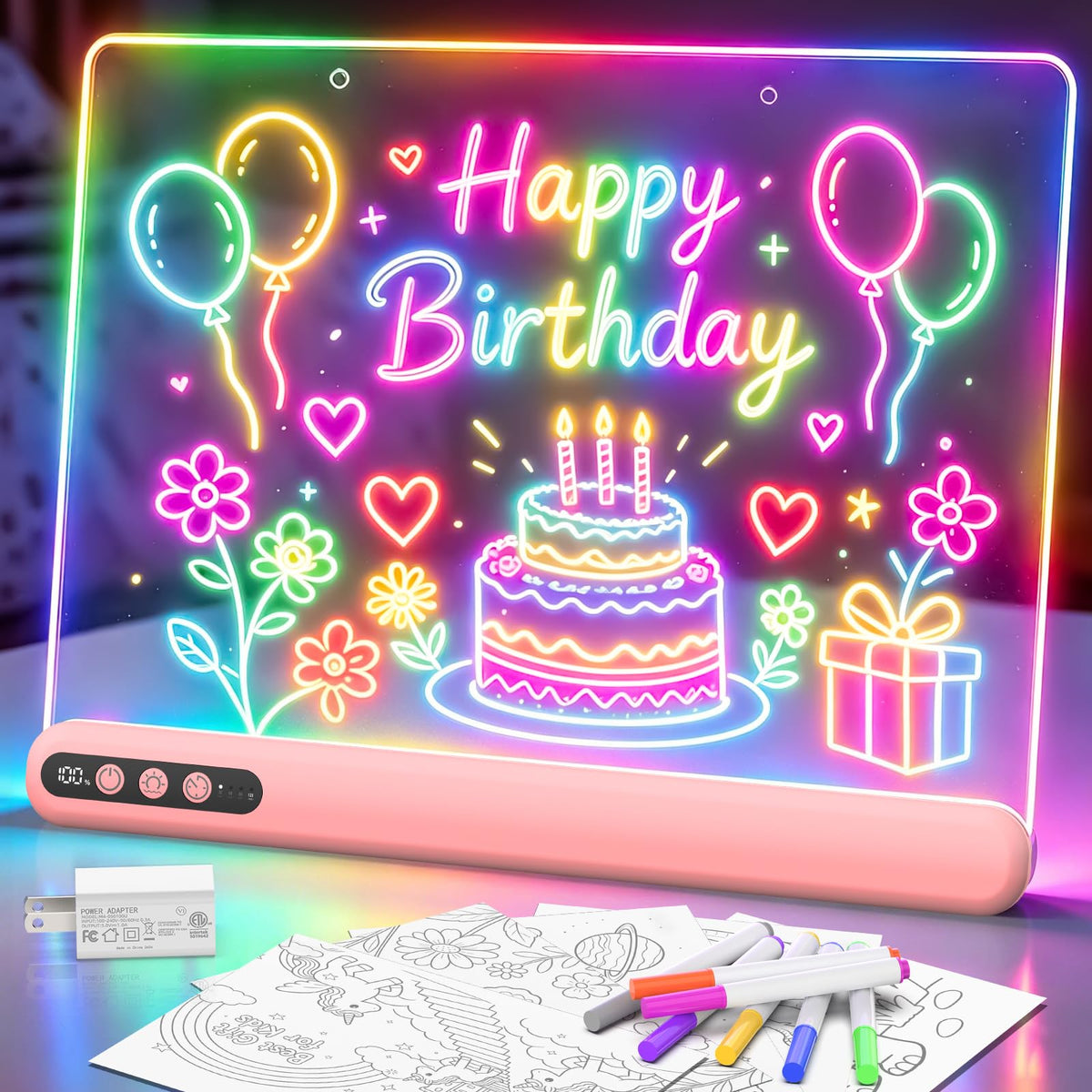 16'' LED Drawing Board for Kids, Rechargeable Led Note Board with 7 Colors, Light Up Drawing Tablet 7 Dynastic Modes Includes Adapter, Christmas Birthday Halloween Gifts for Girls & Boys Age 3+ (Pink) 🍁 All In One Marketplace Canada