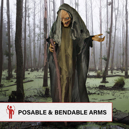 Haunted Hill Farm Life-Size Scary Poseable Talking Witch, Halloween Animatronic with Touch Activated Lights and Sound, Battery Operated Indoor or Covered Outdoor Halloween Decorations, Halloween Prop