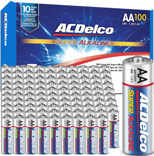 Piles Double AA ACDelco, lot de 100, super alcalines, durée de conservation de 10 ans, emballage refermable