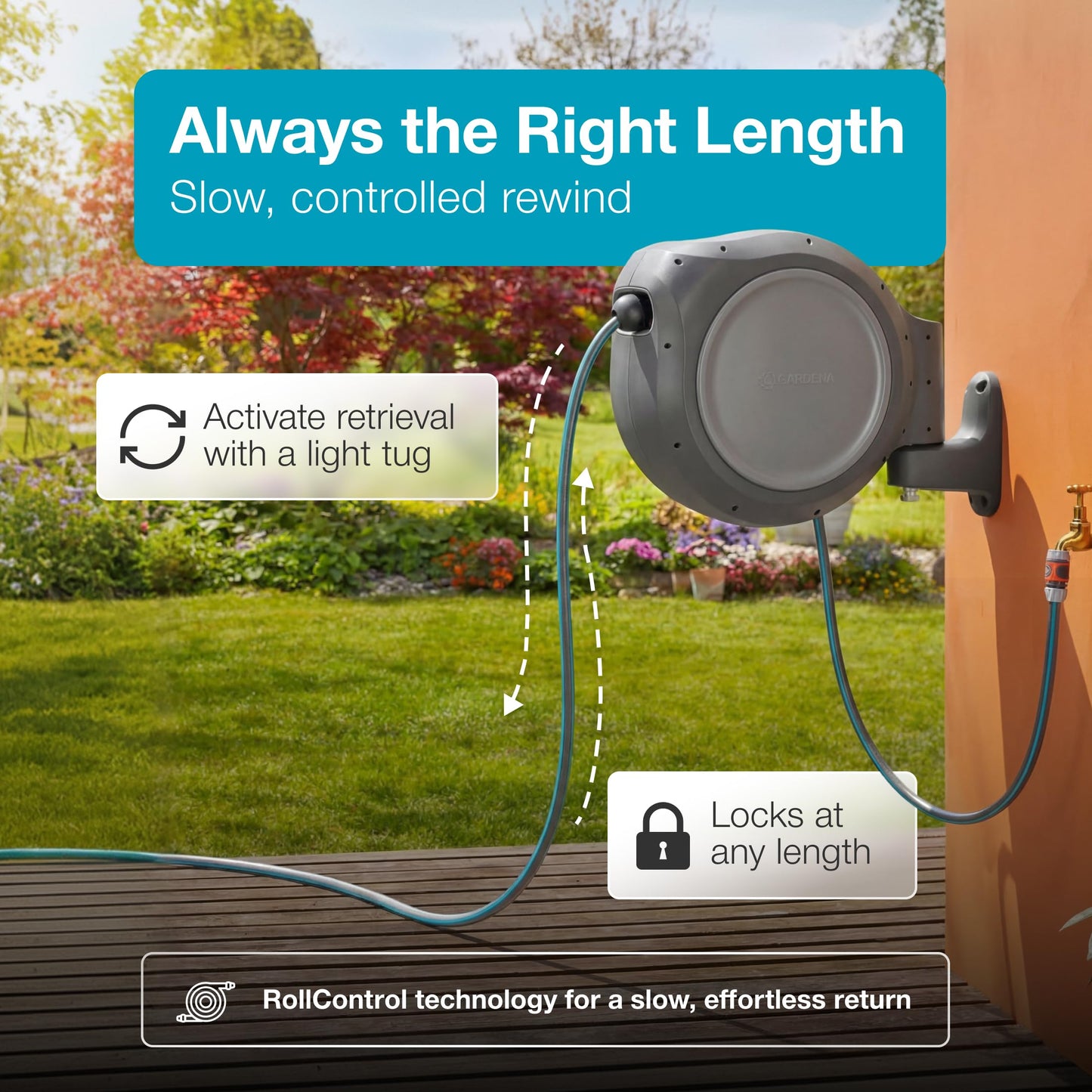 GARDENA 20505-80, 100 Foot Wall Mounted Retractable Reel with Hose Guide, Automatic retraction for Easy Watering,1/2" Hose.
