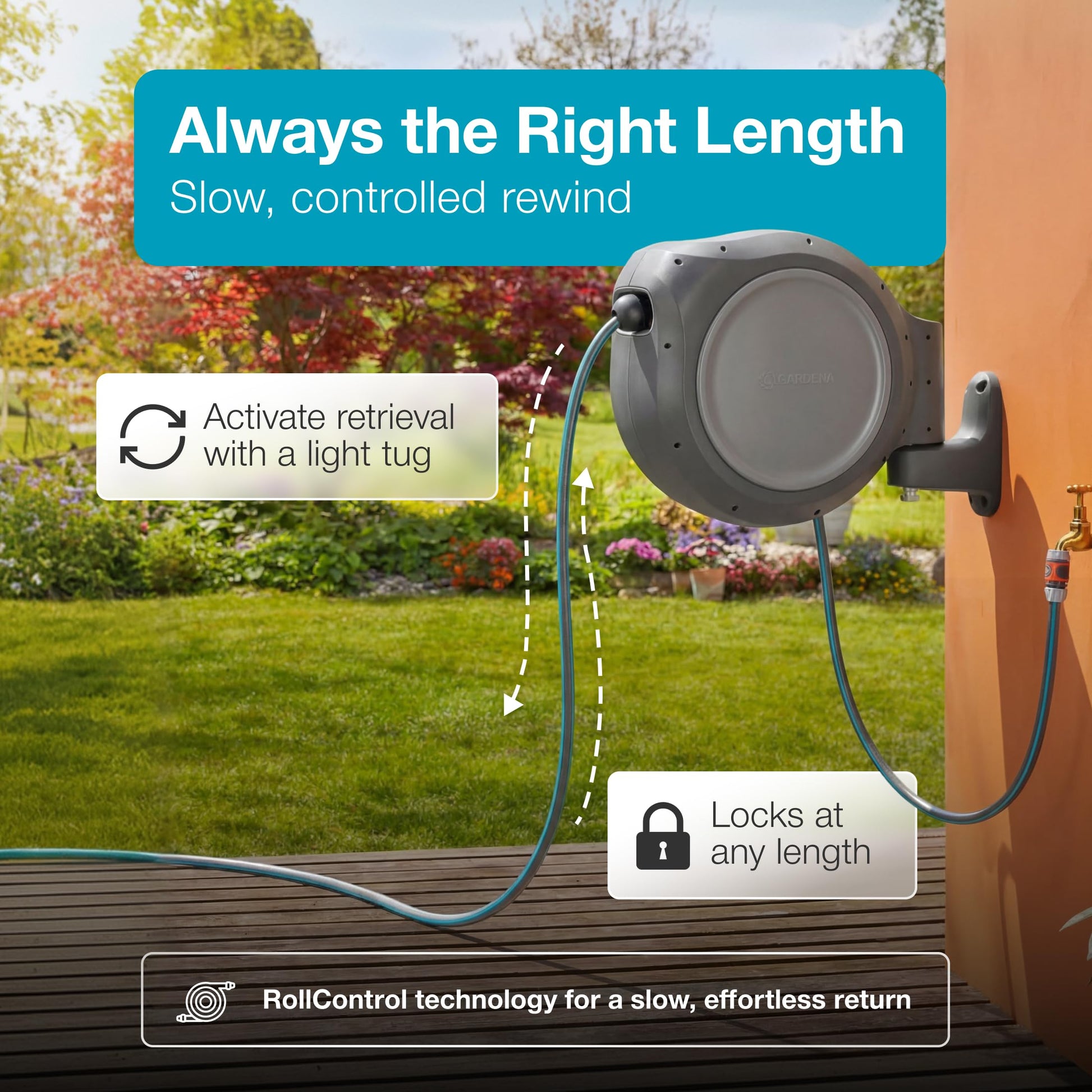 GARDENA 20505-80, 100 Foot Wall Mounted Retractable Reel with Hose Guide, Automatic retraction for Easy Watering,1/2" Hose.