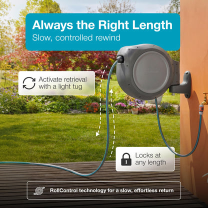 GARDENA 20505-80, 100 Foot Wall Mounted Retractable Reel with Hose Guide, Automatic retraction for Easy Watering,1/2" Hose.