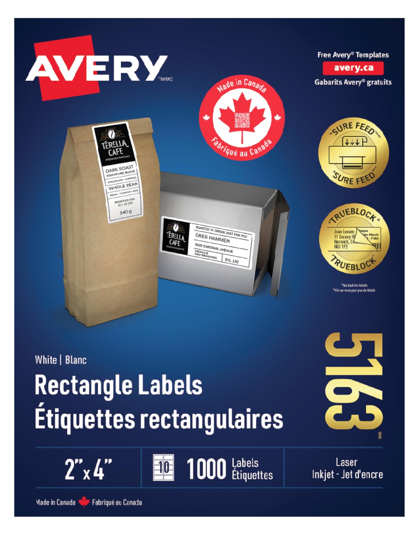 Avery TrueBlock Shipping Labels for Inkjet/Laser Printers, 2" x 4", White, Rectangle, 1000 Labels, Permanent (5163) Made in Canada 🍁 All In One Marketplace Canada