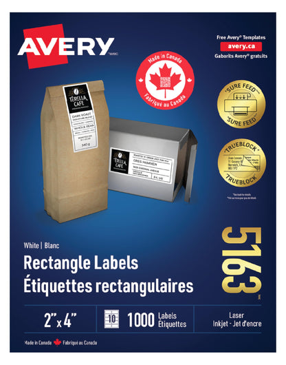Avery TrueBlock Shipping Labels for Inkjet/Laser Printers, 2" x 4", White, Rectangle, 1000 Labels, Permanent (5163) Made in Canada 🍁 All In One Marketplace Canada