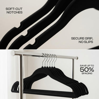 Utopia Home Velvet Hangers 50 Pack, Heavy Duty, Non-Slip, Space Saving Felt Clothes Hangers with 360° Hook & Notches (Black)
