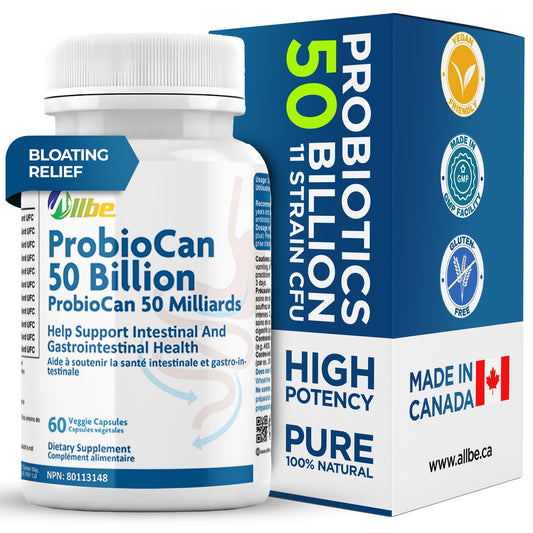 Allbe Probiotics for Men & Womens - 50 Billion CFU with 11 Strains, Lactobacillus, Acidophilus and L. Gasseri - Support Gut Health, Digestion, Weight Management and Bloating Relief - 60 Vegan Capsules, 1 Per Day - Available at All In One Marketplace Canada