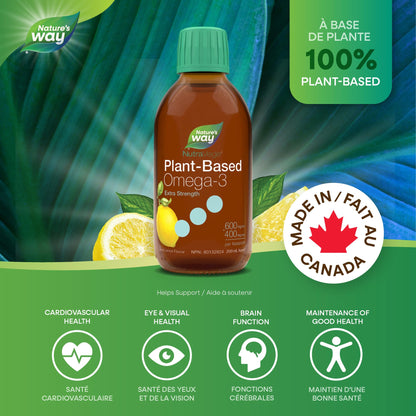 Nature's Way NutraVege Plant-based Omega 3 Supplement, Extra Strength Formula, Vegetarian, EPA + DHA from Algal Oil, Vegan, Lemon Flavour, 200 mL Liquid Nature's Way