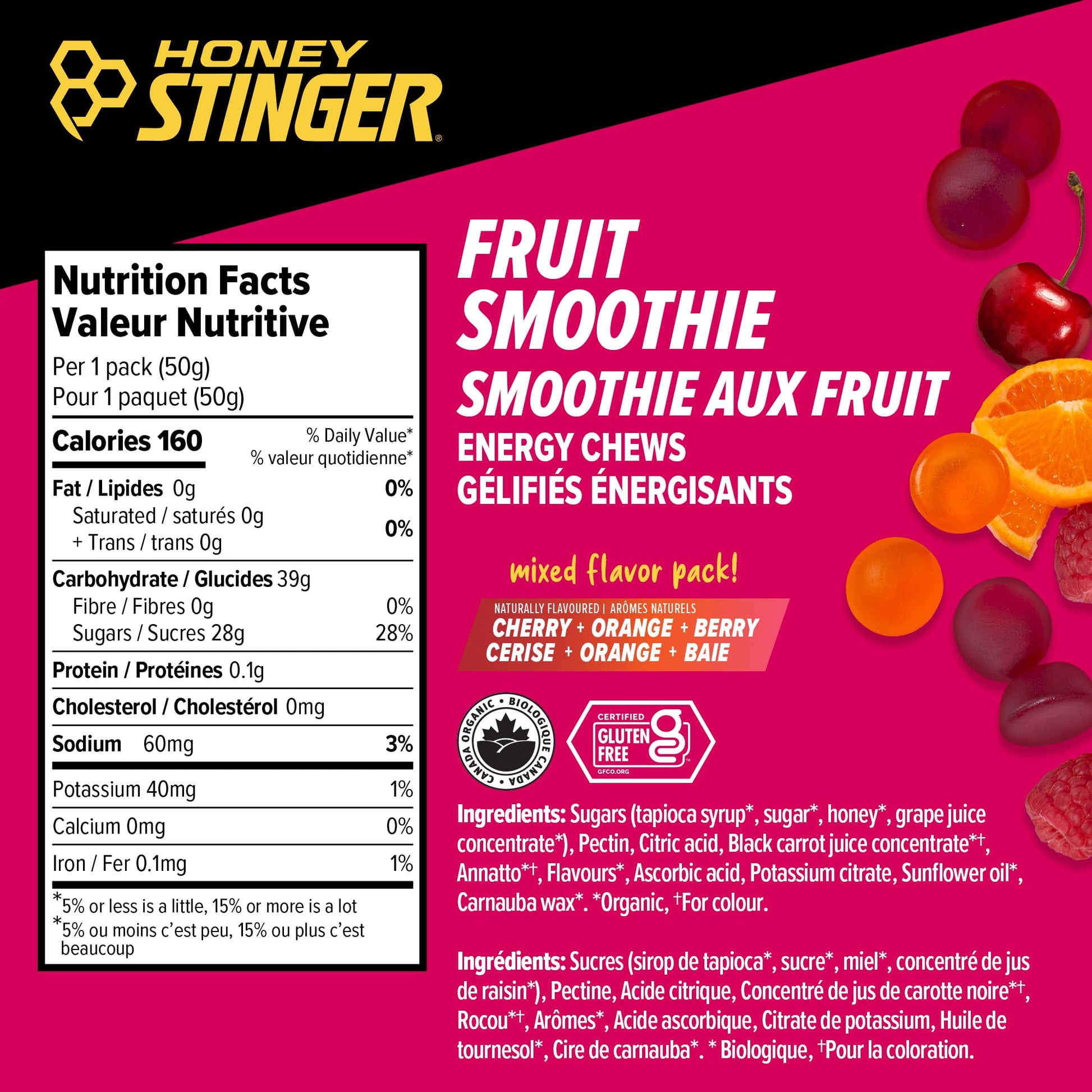 Honey Stinger Organic Fruit Smoothie Energy Chew – Gluten Free, Caffeine Free – 12 Pack