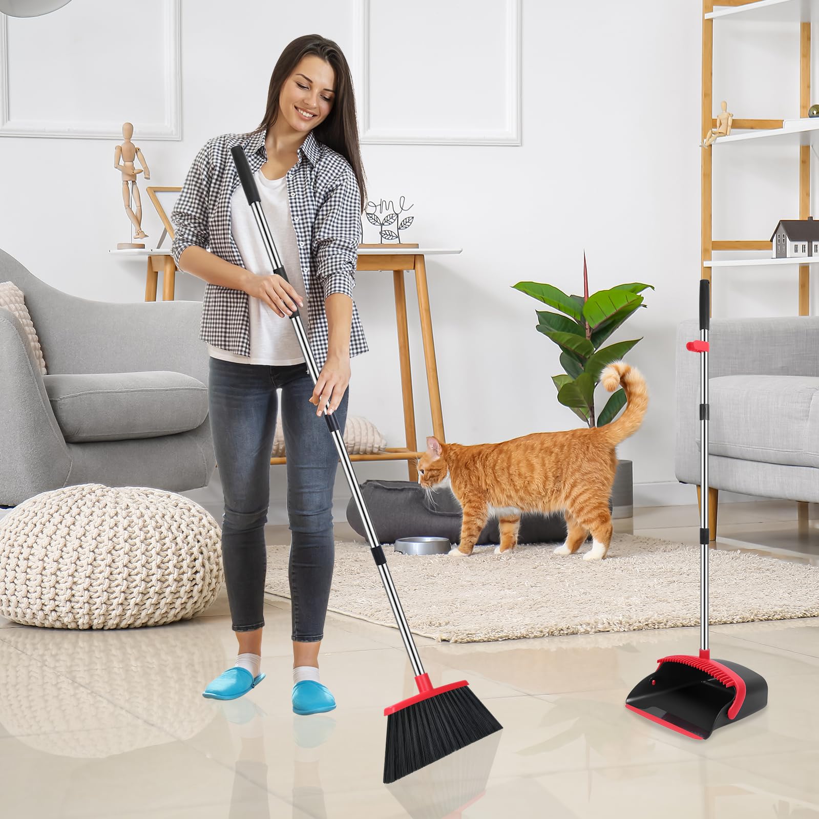 Broom and Dustpan Set, 52-in Long Adjustable Handle Broom Dustpan Combo with Dustpan Teeth to Automatically Clean Hair Suitable for Home Kitchen Office Hall Floor（Black&Red） - Available at All In One Marketplace Canada