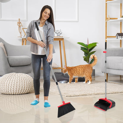 Broom and Dustpan Set, 52-in Long Adjustable Handle Broom Dustpan Combo with Dustpan Teeth to Automatically Clean Hair Suitable for Home Kitchen Office Hall Floor（Black&Red） - Available at All In One Marketplace Canada