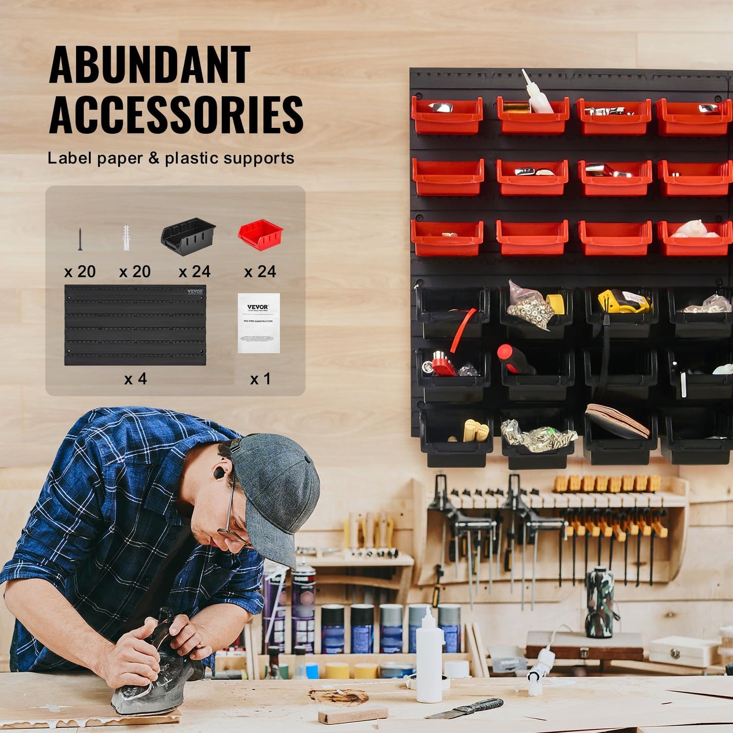 VEVOR Wall Mounted Storage Bins, 48-Bin Parts Rack Organizer Garage Plastic Shop Tool with Wall Panels, Tool Organizer for Nuts, Bolts, Screws, Nails, Beads, Buttons, Other Small Parts, Black and Red VEVOR