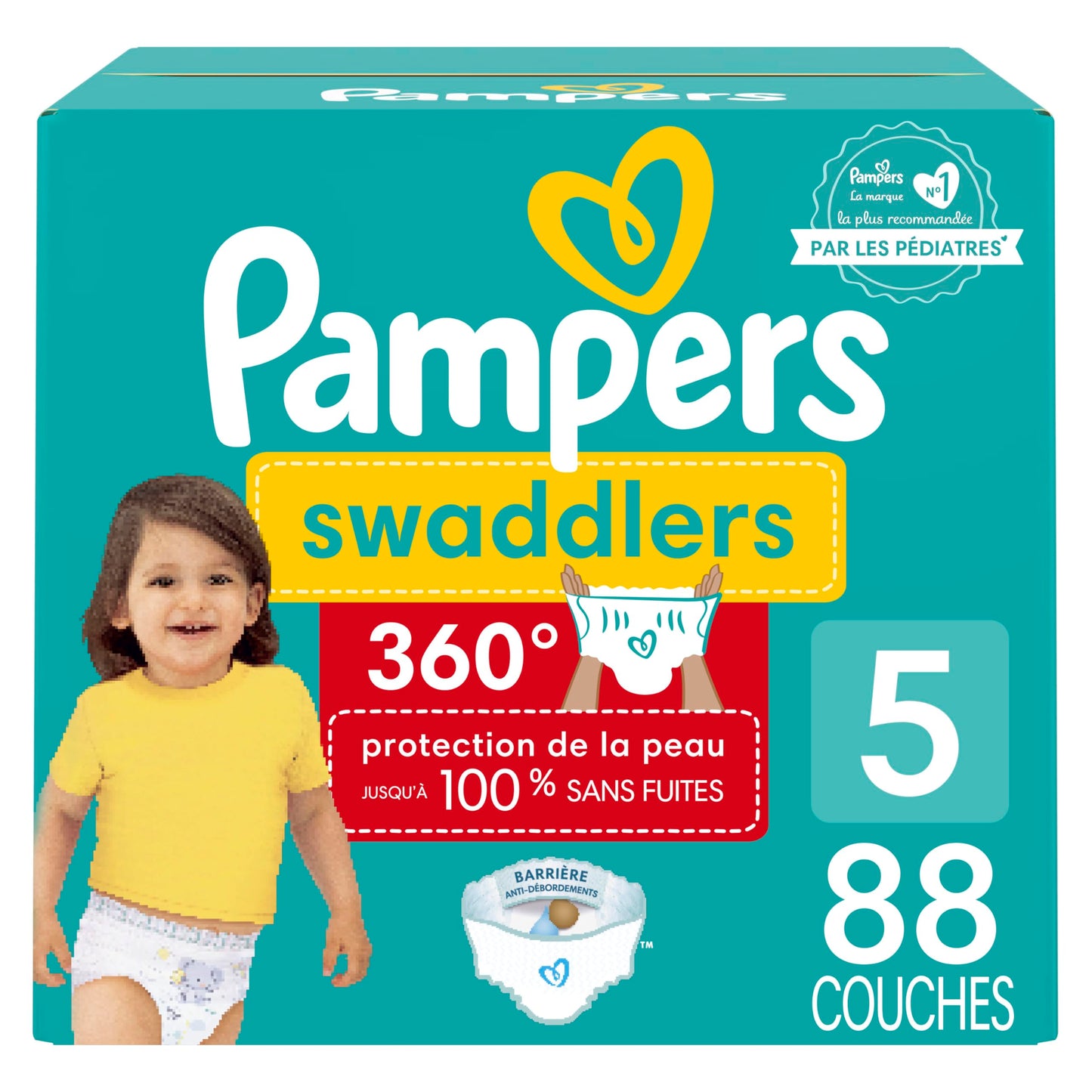 Pampers Diapers - Swaddlers 360 degrees - Size 5, 88 Count, up to 100% Leakproof Comfy Dry Fit, EZ Off Tabs Designed for Easy Changes, Pull On Diaper
