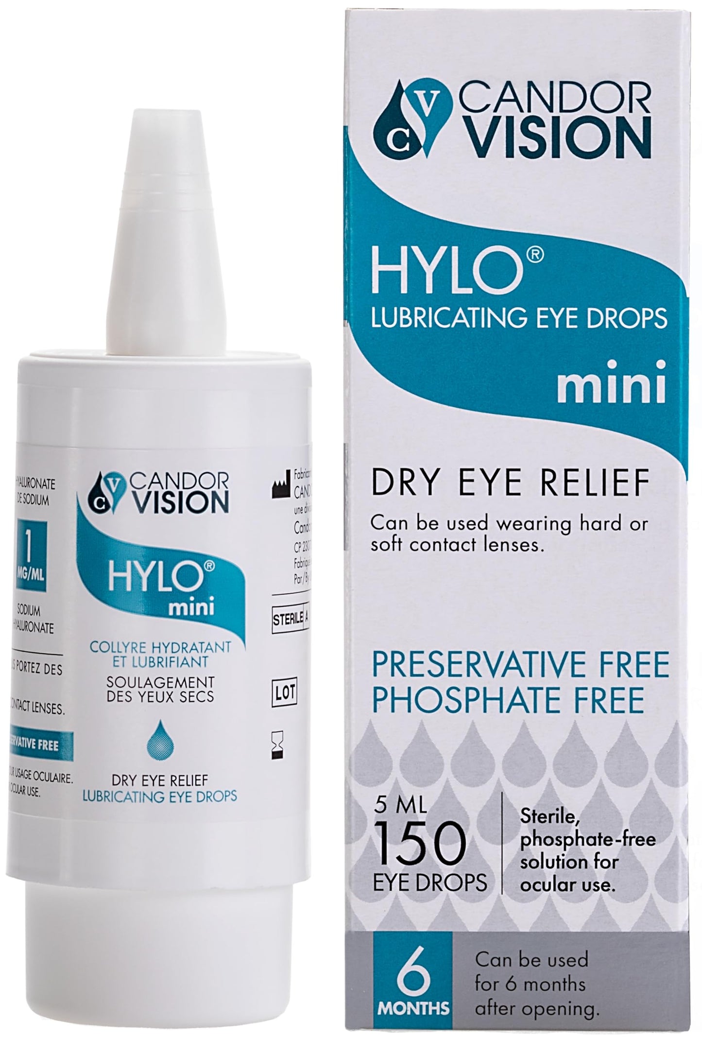 CandorVision HYLO® mini Preservative-Free Lubricating Eye Drops (150 Drops, 5ml), Immediate Long-lasting Dry Eye Relief, High Quality Sodium Hyaluronate, 6-Month Sterility, Contact Lens Compatible - Available at All In One Marketplace Canada