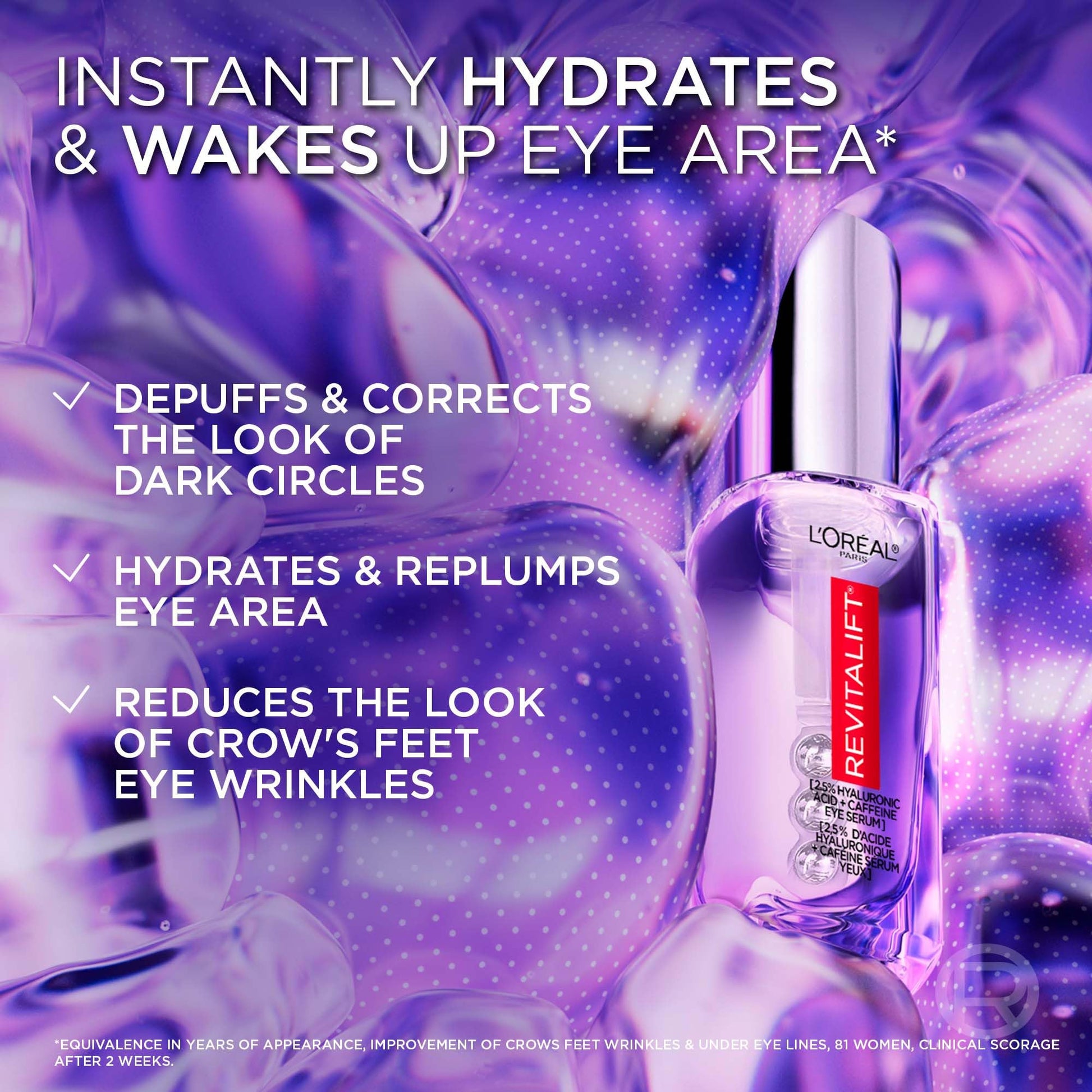 L’Oréal Paris 2.5% Hyaluronic Acid & Caffeine Plumping Eye Serum, Brightens Look of Dark Circles, Reduces Look of Crow's Feet & Wrinkles, Revitalift, For All Skin Tones & Types, Fragrance Free, 20ml L'Oreal Paris