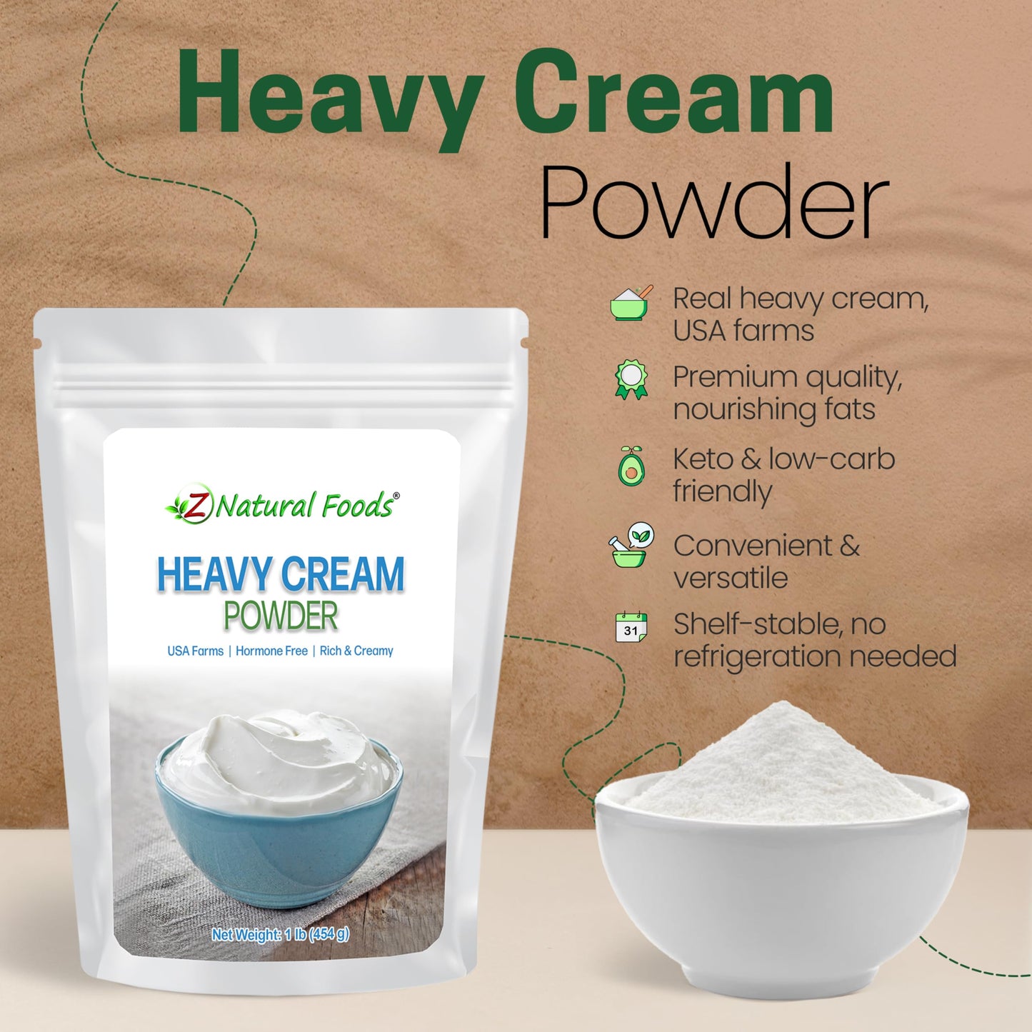 Z Natural Foods Heavy Cream Powder - 1 lb Shelf-Stable Powdered Cream for Coffee, Baking & Cooking