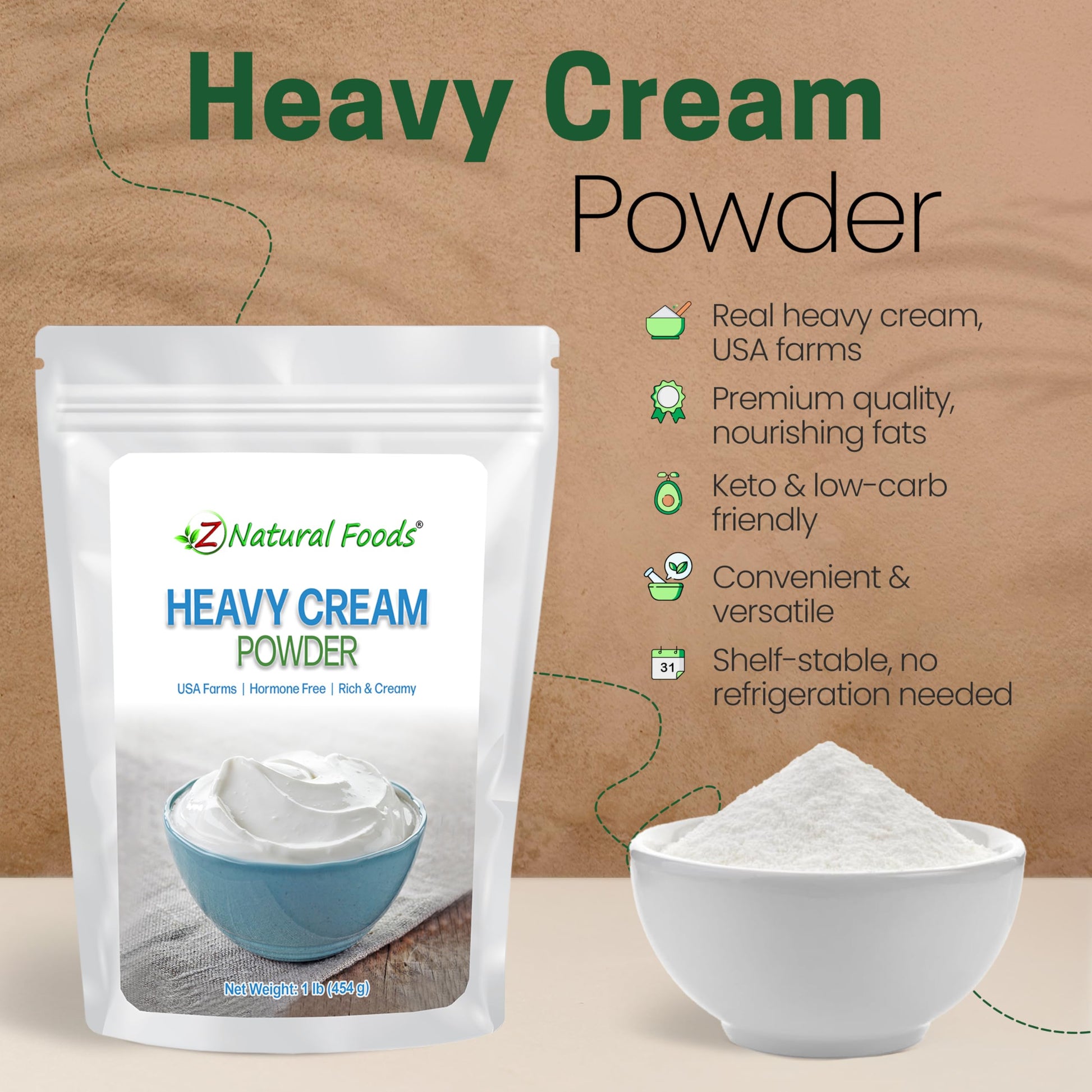 Z Natural Foods Heavy Cream Powder - 1 lb Shelf-Stable Powdered Cream for Coffee, Baking & Cooking