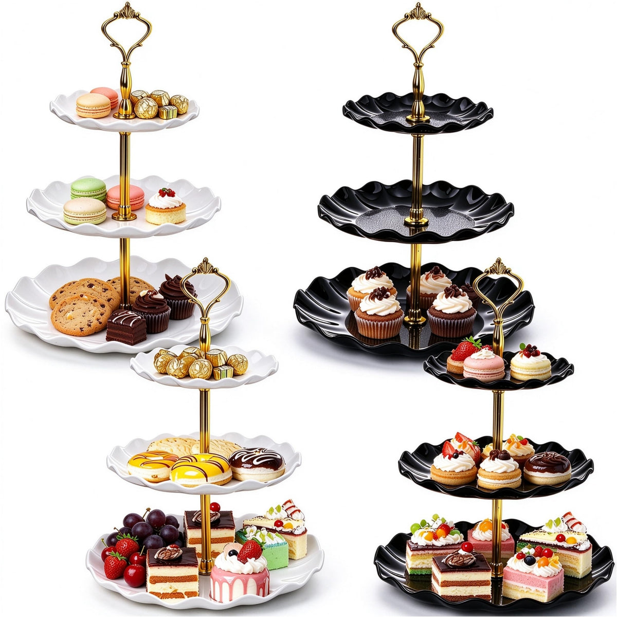 DEAYOU 4 Pack 3-Tier Cupcake Dessert Stand, Plastic Tiered Cake Stand Display Tower, Pastry Serving Tray Platter Rack Holder for Buffet, Cookie, Party, Wedding, Home Decor, White Gold, Black Gold 🍁 All In One Marketplace Canada