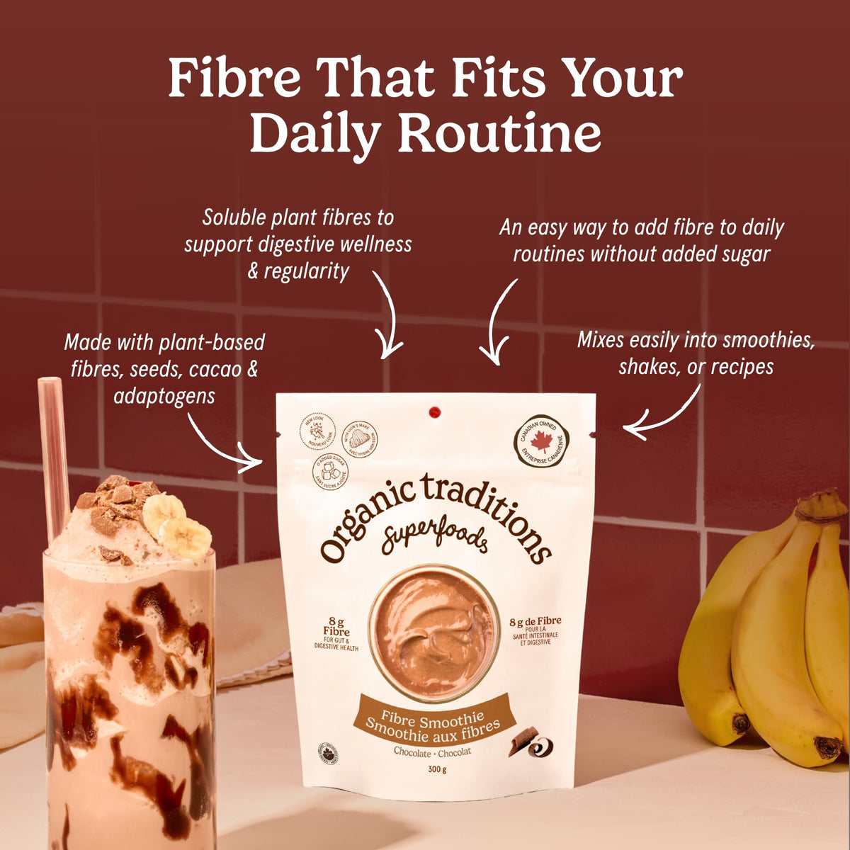 Organic Traditions Fibre Smoothie Chocolate Powder Blend, Superfood, 10.6oz