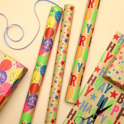 BIOBROWN Kraft Birthday Wrapping Paper 3 Rolls, Colorful Balloons & Star 🍁 All In One Marketplace Canada