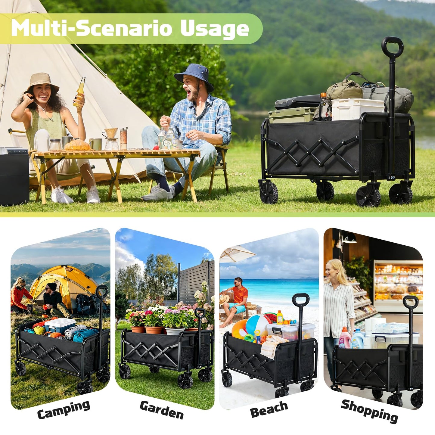 100KG Collapsible Foldable Wagon Carts - Heavy Duty Portable Folding Utility Wagons with All-Terrain Wheels for Grocery Sports Shopping Camping Garden Beach, 2 Drink Holders/Lightweight/Black - Available at All In One Marketplace Canada