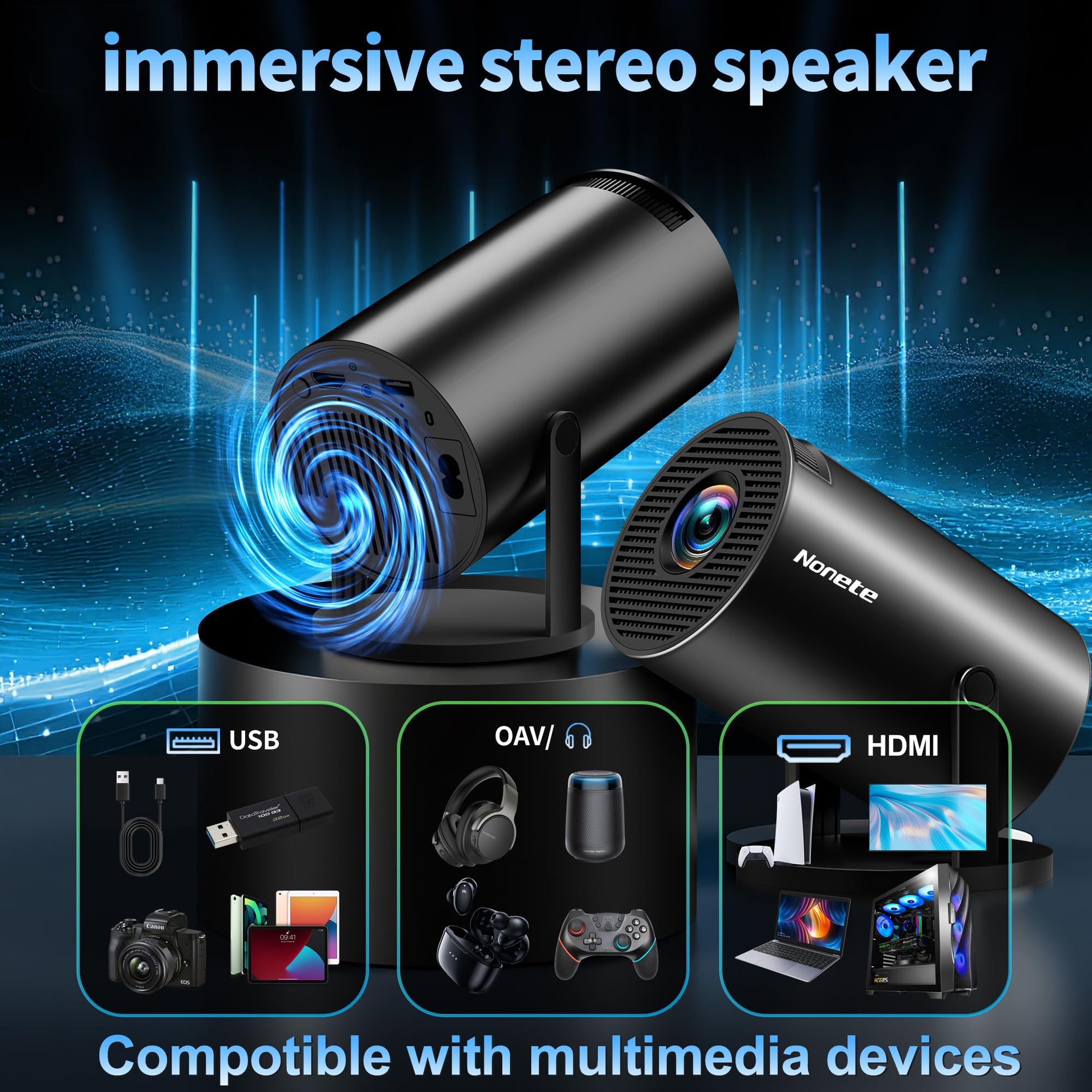[2026 Upgraded] Mini Projector Support 4K 1080P FHD Auto Keystone 270° Rotatable with WiFi 6 and Bluetooth 5.2 Projector Portable Compatibile with HDMI/TV Stick/Memory Stick/Laptop,Black