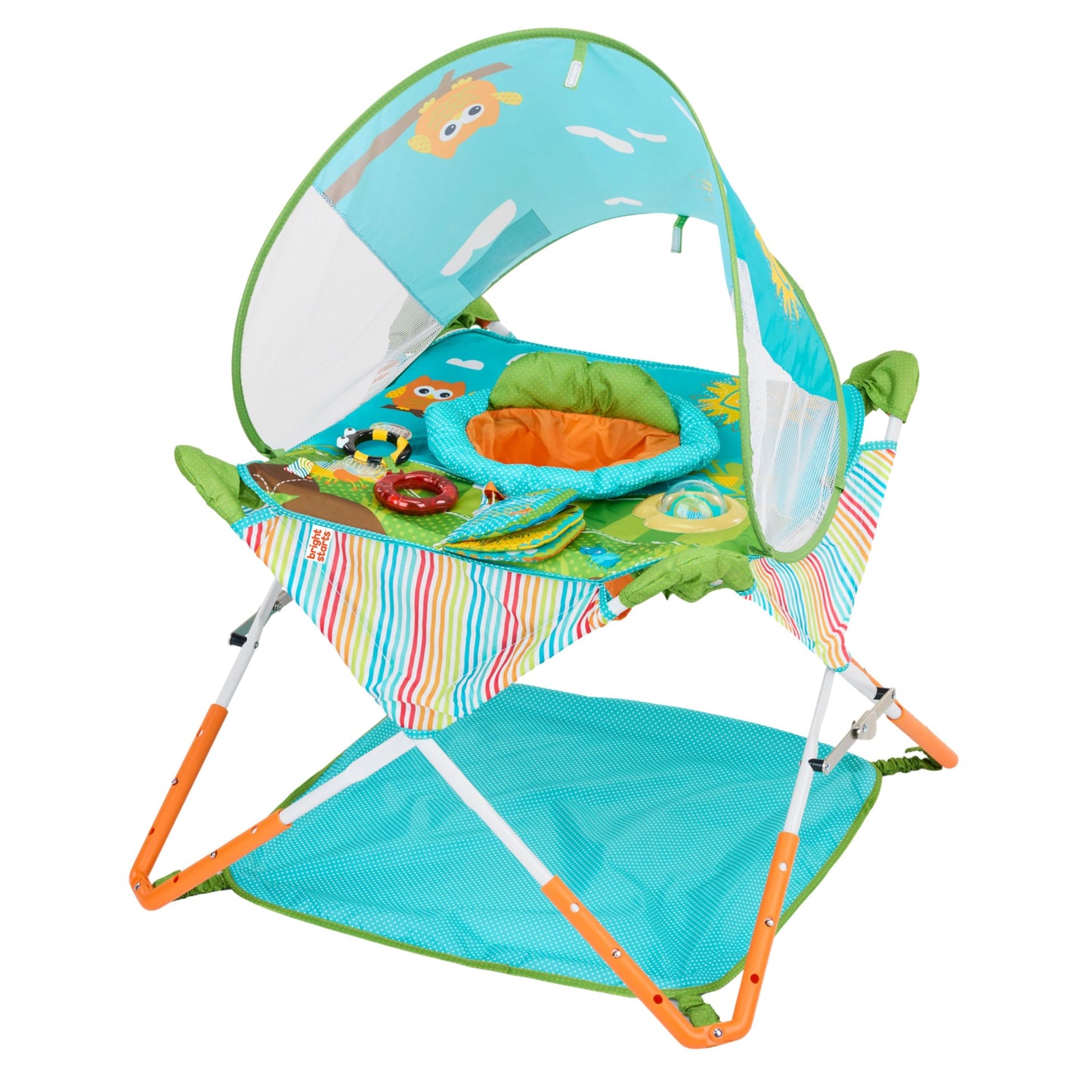 Bright Starts Pop 'N Jump Portable Activity Jumper, Indoor/Outdoor Use, Owl Forest with 4 Sensory Toys, Ages 6-12 Months Bright Starts