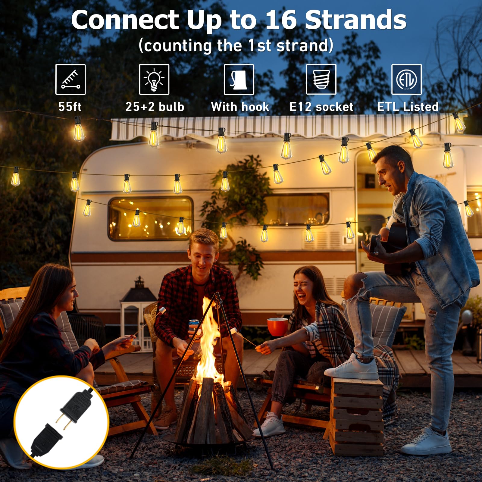 55FT Outdoor String Lights with 27 Shatterproof LED Edison Bulbs (2 Spares), Waterproof ST38 Patio Lights Dimmable, Connectable Hanging Outdoor Lights for House Backyard Garden, 2700K