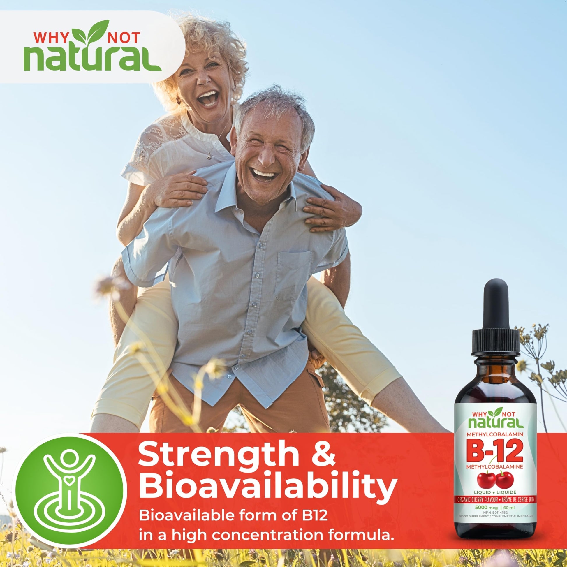 Organic Vitamin B12 Liquid - Sublingual Extra Strength 60 x 5000 mcg Drops, Methylcobalamin, Natural Cherry Flavor, Vegan, Maximize Absorption and Energy - Available at All In One Marketplace Canada