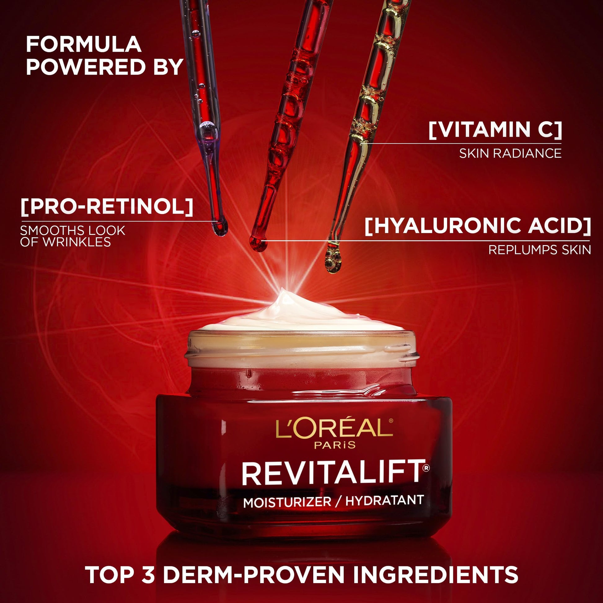 L'Oréal Paris Face Moisturizer, Moisturizer for Face with Pro-Retinol, Vitamin C & Hyaluronic Acid, Retinol Cream Reduces Look of Wrinkles & Firms Skin, Revitalift Triple Power LZR, 50ml