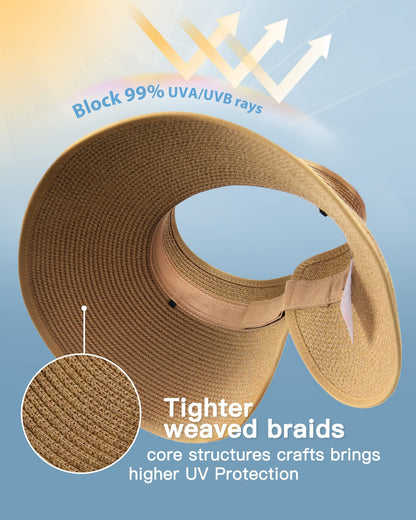 FURTALK Sun Visor Hats for Women Wide Brim Straw Roll Up Ponytail Summer Beach Hat UV UPF 50 Packable Foldable Travel - Available at All In One Marketplace Canada