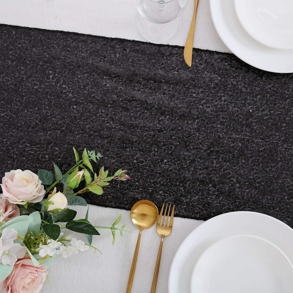 B-COOL Black Sequin Table Runner 4 Pack 12x72Inch Glitter Halloween Decoration Sparkly Black Table Fabric for Graduation Holiday Birthday Outdoor Dining Party Decoration