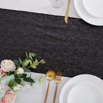 B-COOL Black Sequin Table Runner 4 Pack 12x72Inch Glitter Halloween Decoration Sparkly Black Table Fabric for Graduation Holiday Birthday Outdoor Dining Party Decoration