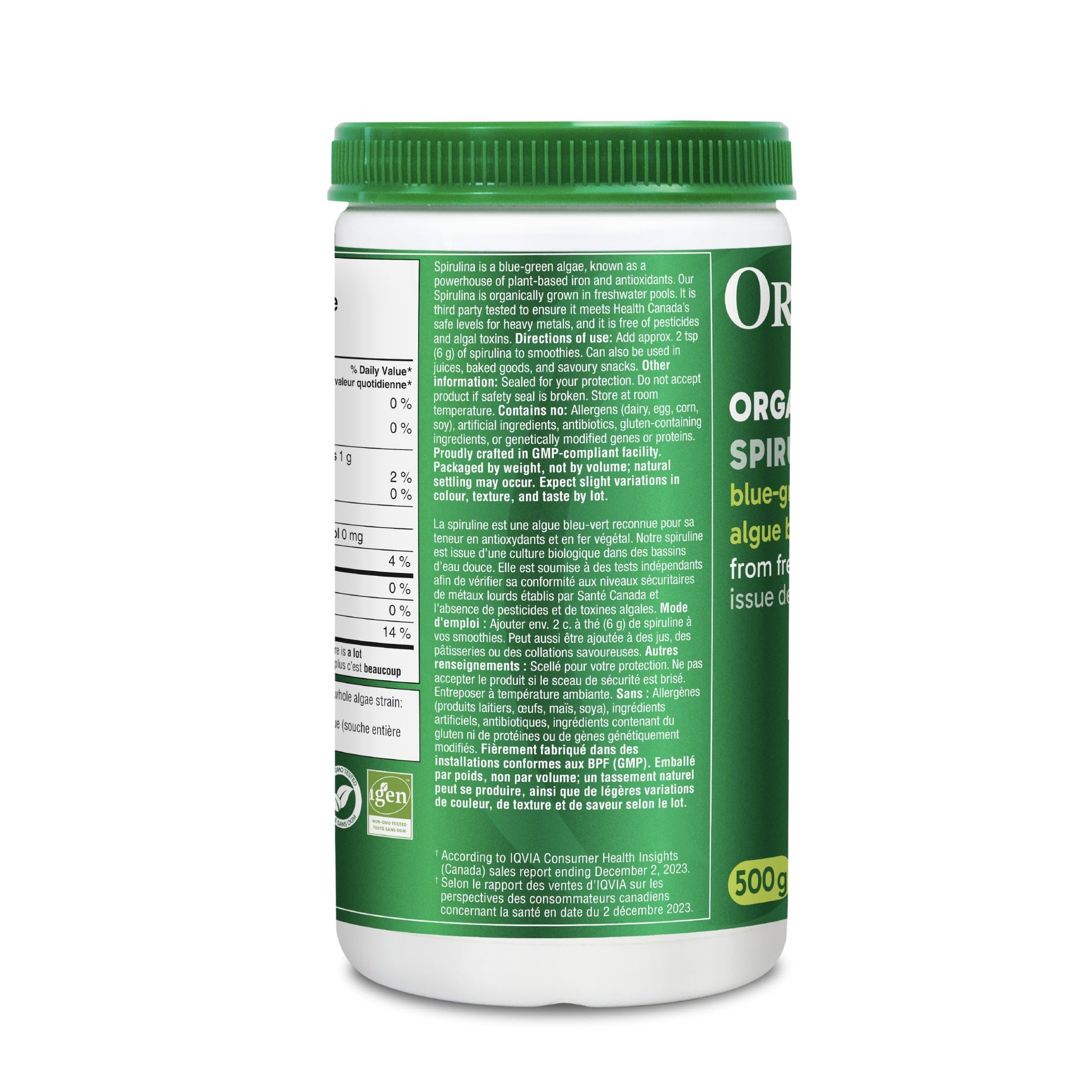 Organika Canadian-Made Certified Organic Spirulina Powder- Superfood, 3rd Party Tested, Pristine Sourcing, Vegan- 500g - Available at All In One Marketplace Canada