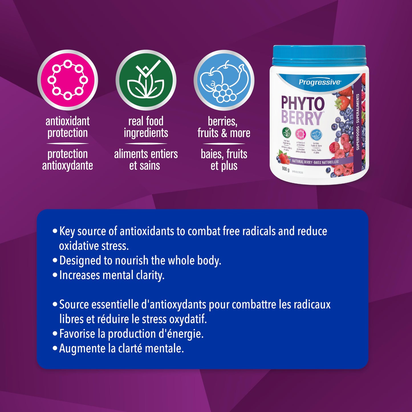 Progressive PhytoBerry Antioxidant Superfood Powder Natural Berry Flavour, Canadian-Made with 40 Fruit Concentrates, Phytonutrients, and Plant Oils for Complete Free-Radical Defence, Vegan, Gluten-Free, and All Natural, 900 g - Available at All In One Marketplace Canada
