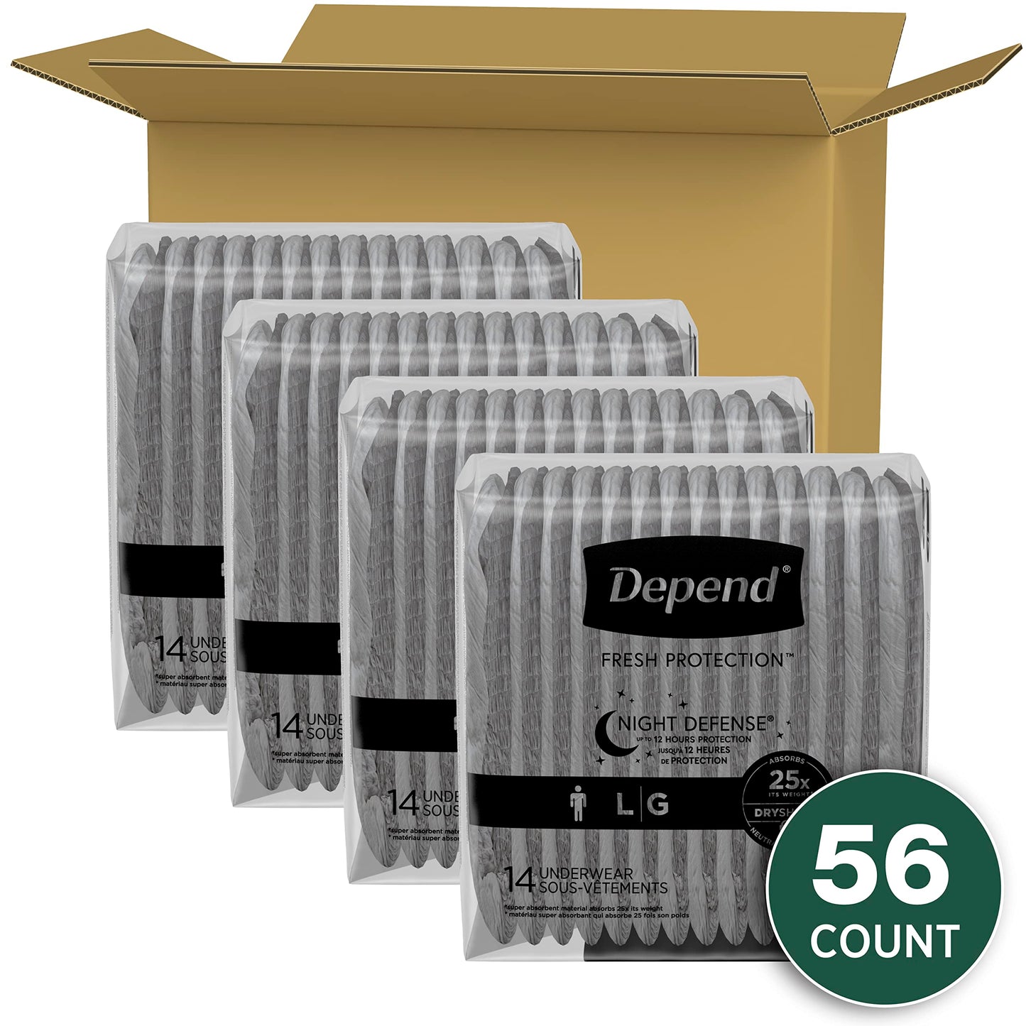 Depend Night Defense Adult Incontinence Underwear for Men, Disposable, Overnight, Large, Grey, 56 Count Depend