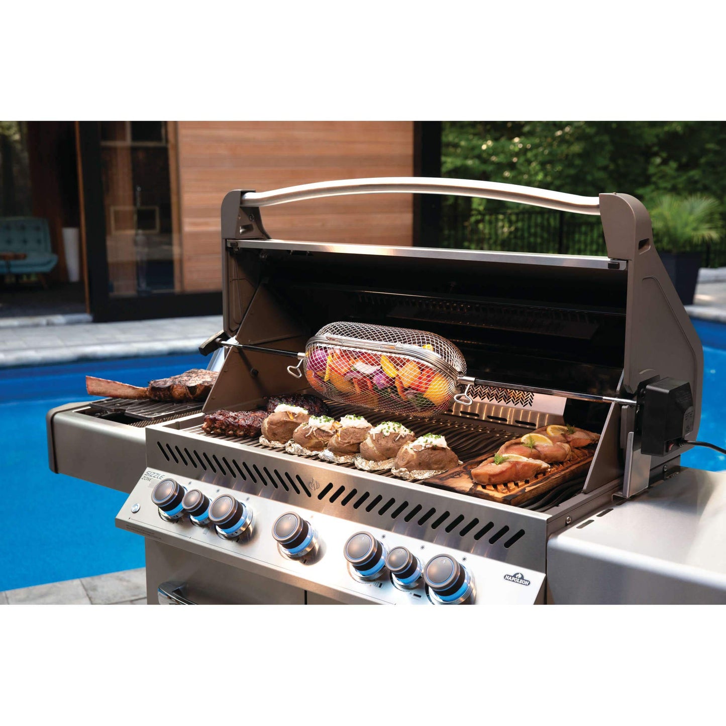 Napoleon Rotisserie Grill Basket Accessory in Stainless Steel - 64000 - Fits All Standard Spit Rods, Best for Even Cooking of Wings, Fries and Roasted Veggies Napoleon