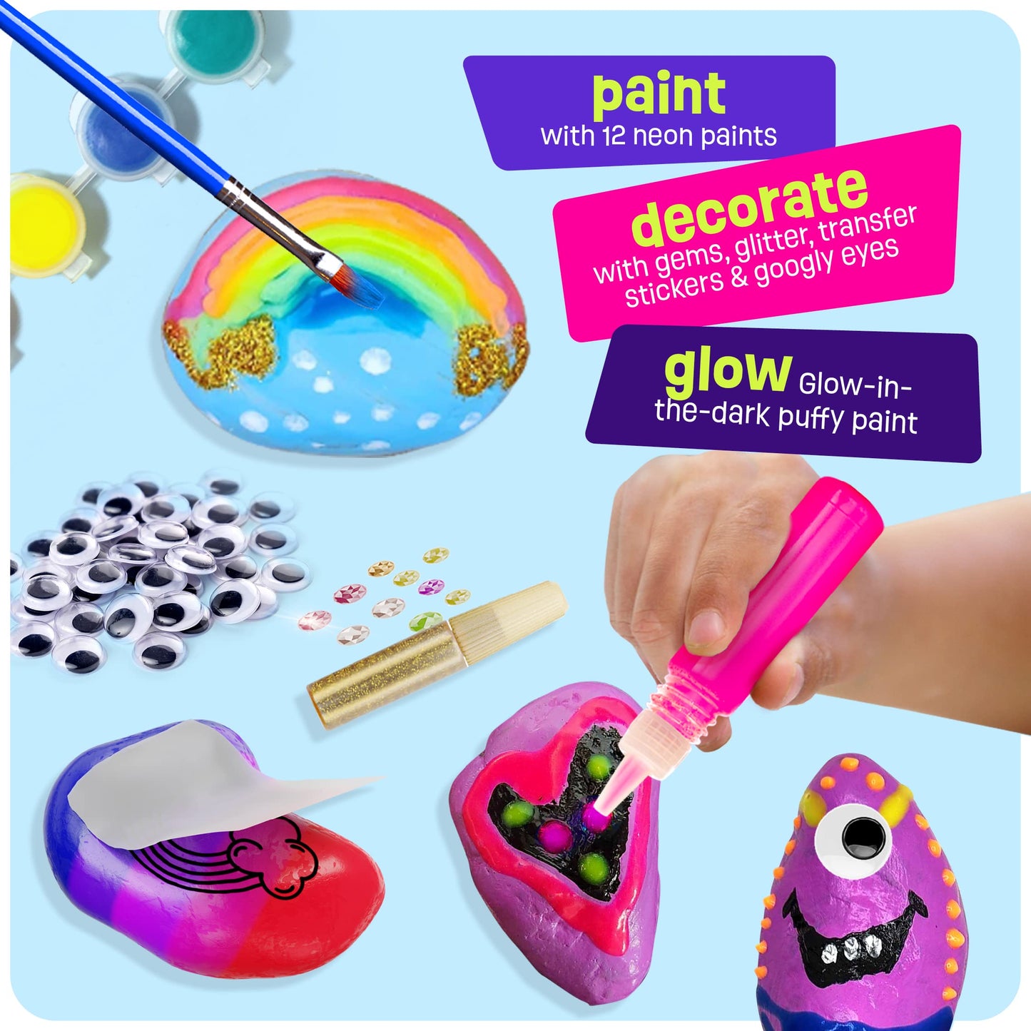 Kids Rock Painting Kit - Glow in The Dark - Arts & Crafts Christmas Gifts for Boys and Girls Ages 4-12 - Craft Activities Kits - Creative Art Toys for 4, 5, 6, 7, 8, 9, 10, 11 & 12 Year Old Kids (Glow In The Dark)