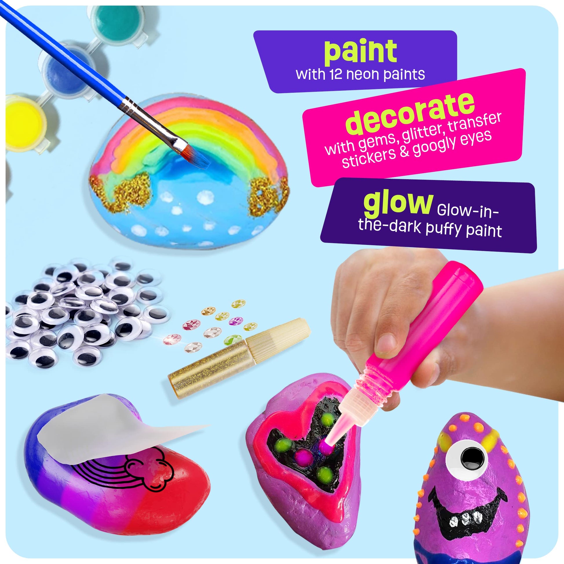 Kids Rock Painting Kit - Glow in The Dark - Arts & Crafts Christmas Gifts for Boys and Girls Ages 4-12 - Craft Activities Kits - Creative Art Toys for 4, 5, 6, 7, 8, 9, 10, 11 & 12 Year Old Kids (Glow In The Dark)