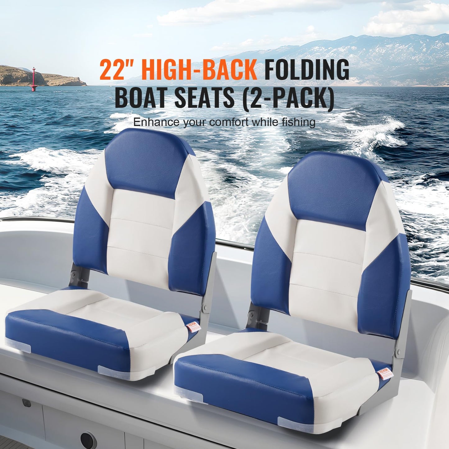 VEVOR High Back Boat Seats, 21.85" Folding Chair with Thickened Sponge Padding and Hinge, Fold-Down Captain Chairs for Fishing, Sightseeing, Speedboat, Canoe, 2-Pack VEVOR