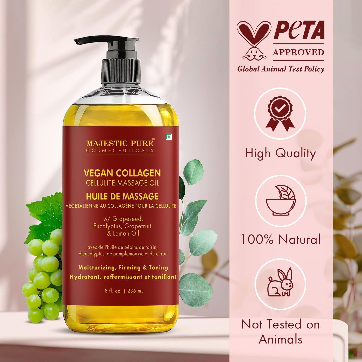 MAJESTIC PURE Cellulite Massage Oil - with Vegan Collagen & Stem Cells, Unique Blend of Massage Essential Oils - Cellulite Oil Improves Skin Tightening and Firming, 8 fl oz