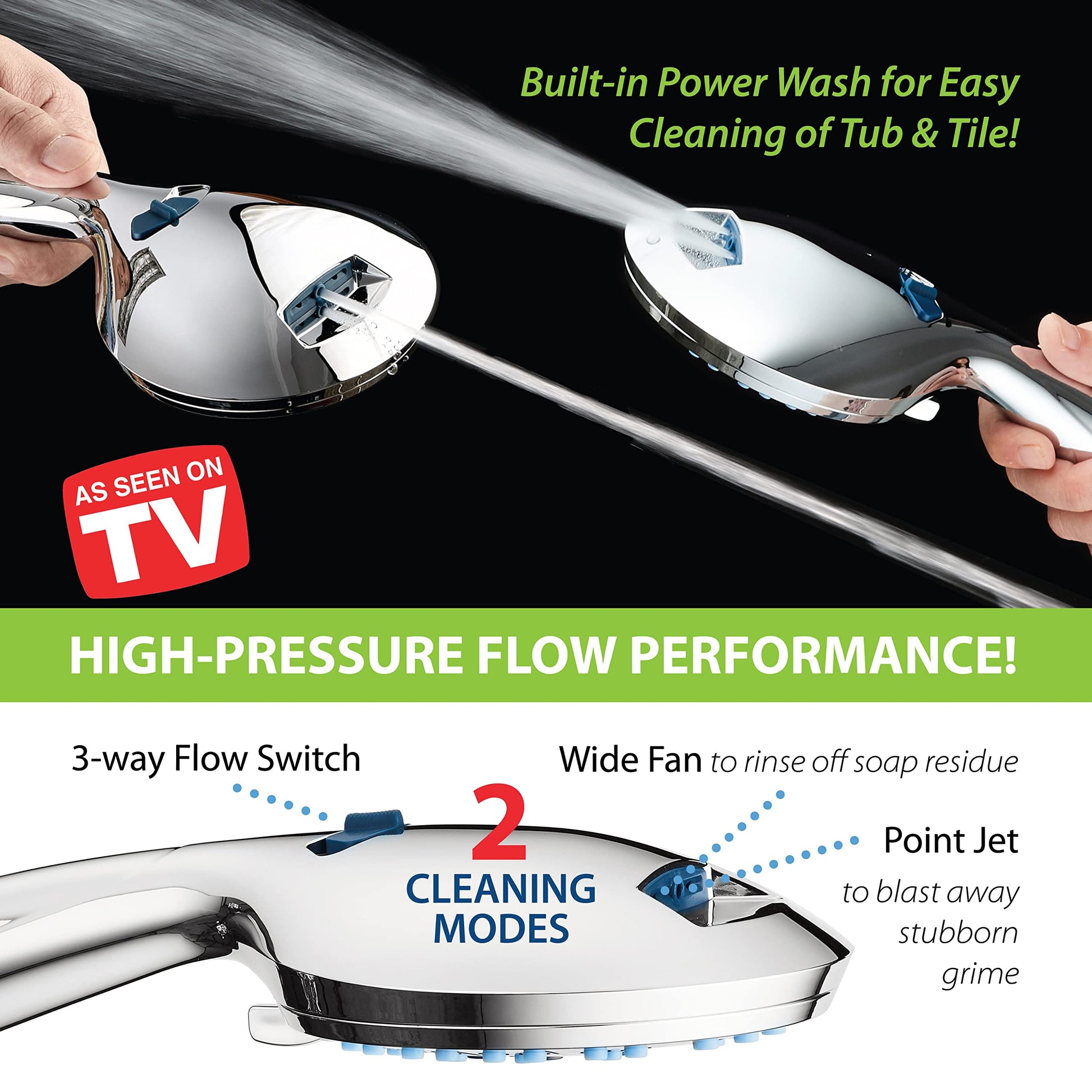 AquaCare High Pressure 8-Mode Handheld Shower Head - Anti-Clog Nozzles, Built-in Power Wash to Clean Tub, Tile & Pets, Extra Long 6 ft. Stainless Steel Hose, Wall & Overhead Brackets