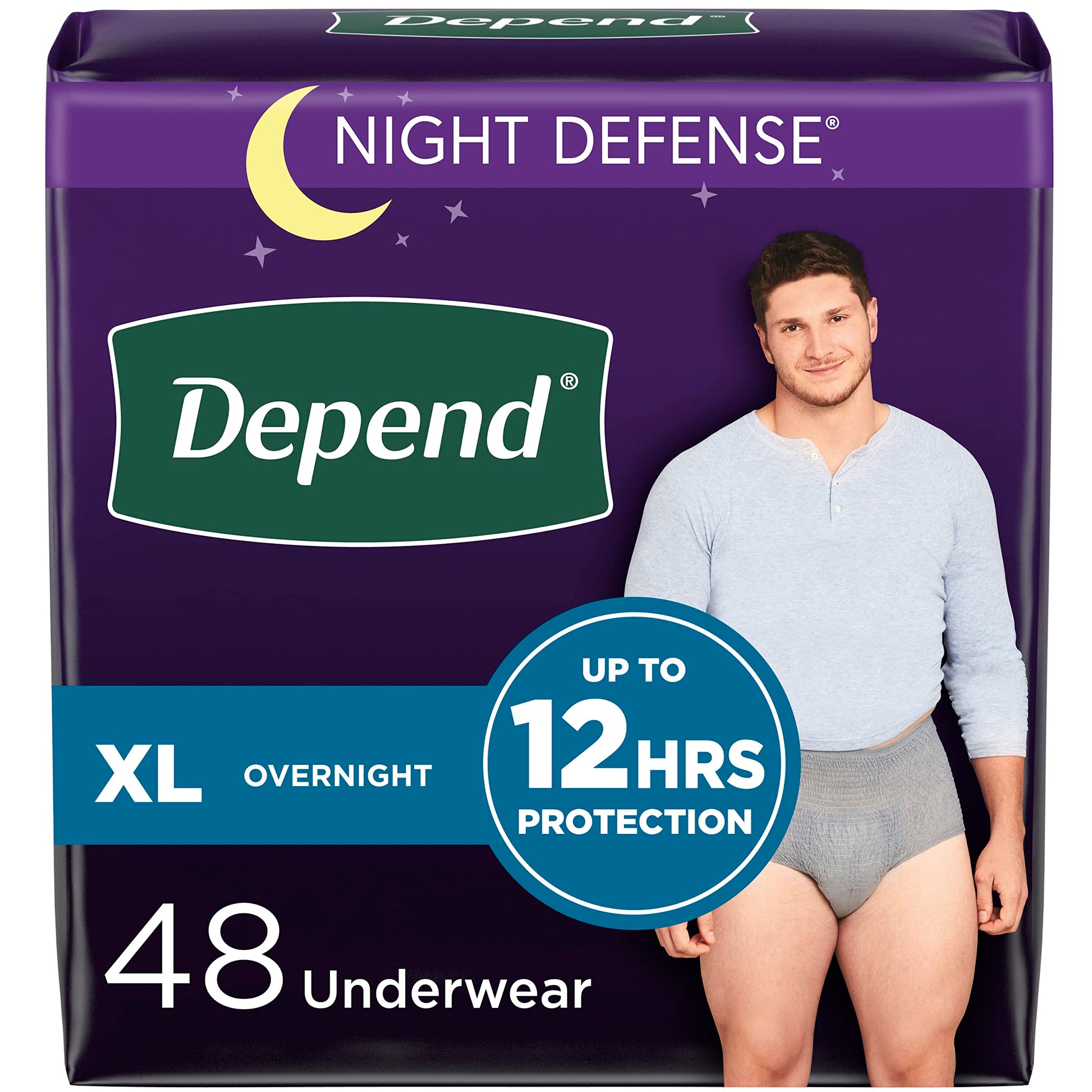 Depend Night Defense Adult Incontinence Underwear for Men, Disposable, Overnight, Extra-Large, Grey, 48 Count Depend