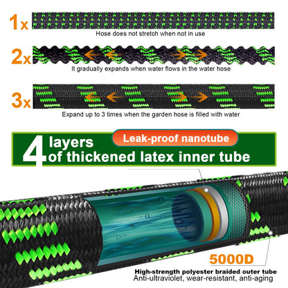 Expandable Garden Hose 100ft Flexible Water Hose, 10 Function Sprayer Nozzle, 3/4 Inch Solid Metal Fittings Lawn Yard Garden Outdoor Hose(Black and Green)
