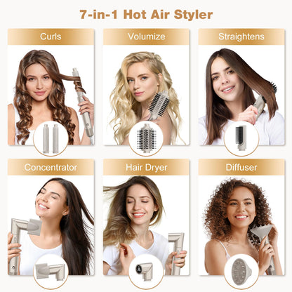 7MAGIC 7 in 1 Hair Styler & Hair Dryer Brush,110,000 RPM High-Speed Negative Ionic Hot Air Styler, 1400W Powerful Blow Dryer Brush & Multi-Style for Straight,Wavy, Curly, and Coily Hair,Champagne Gold - Available at All In One Marketplace Canada